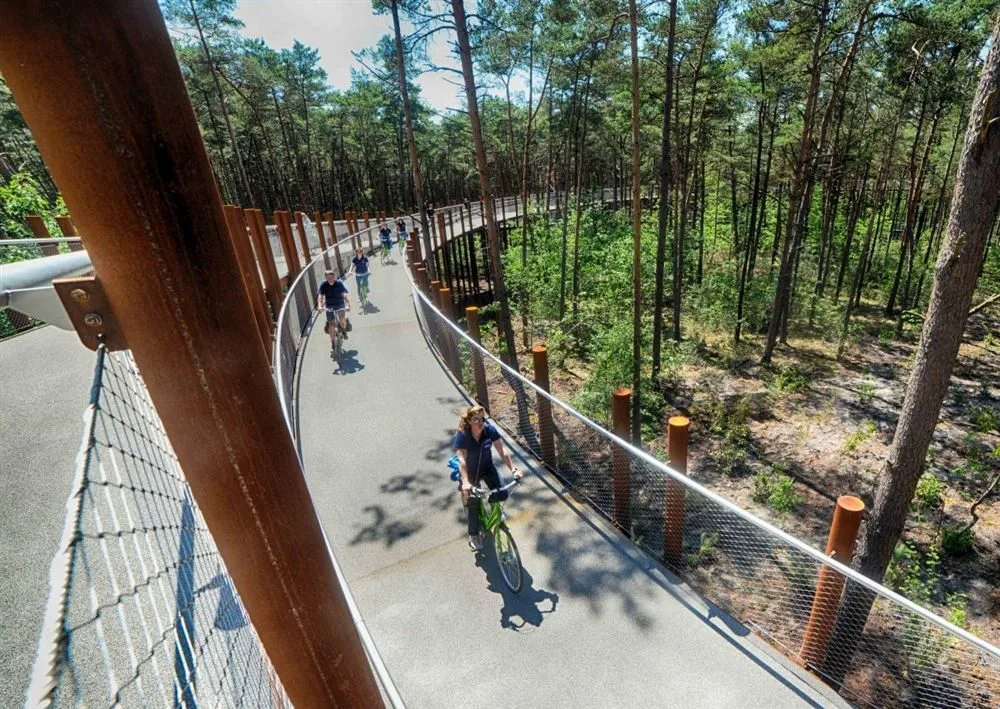 Erh&ouml;hter Radweg auf Schraubpfahl-Fundamenten durch Baumkronen in Bosland, Belgien